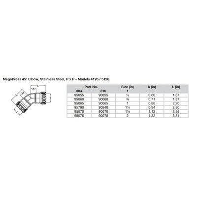 Viega MegaPress 3/4" 45 Stainless Steel 304 Elbow - Double Press Connection - Smart Connect Technology [95060]