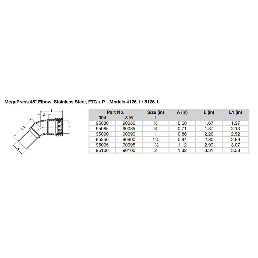 Viega MegaPress 1/2" 45 Stainless Steel 304 Elbow Street - Press Connection - Smart Connect Technology [95080]